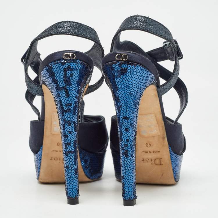 Pre Owned Dior Blue Satin and Glitter Platform Ankle Strap Sandals Size 40