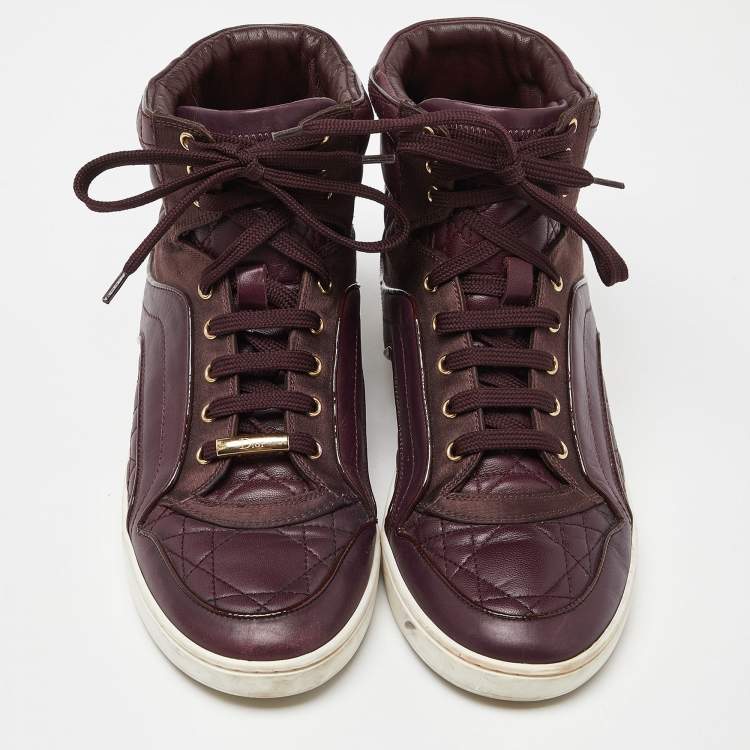 Pre Owned Dior Burgundy Quilted Leather and Satin High Top Sneakers Size 36