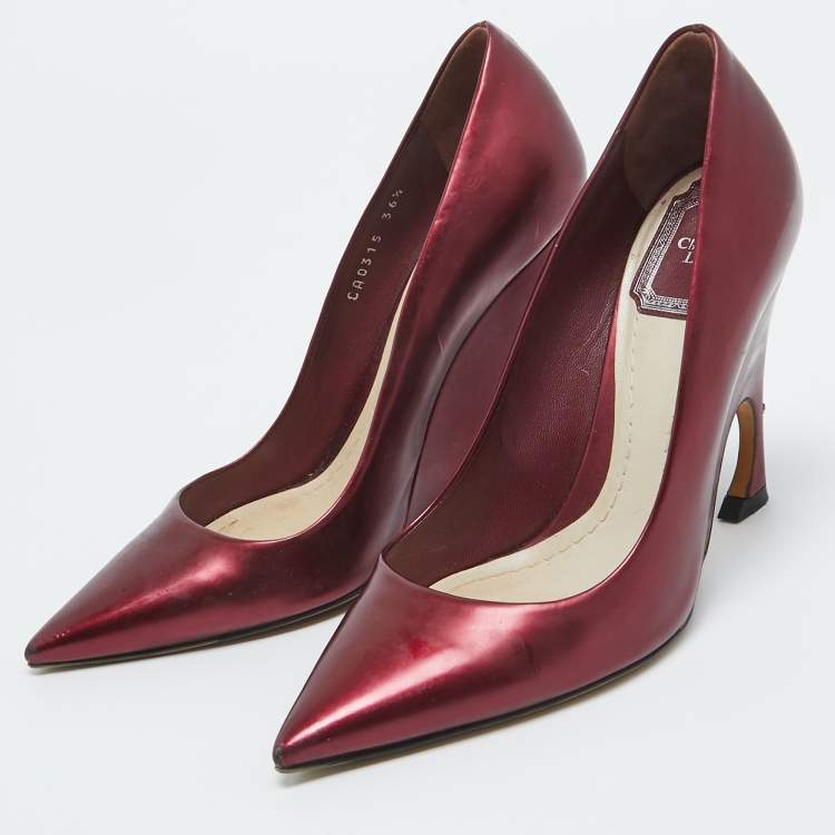 Pre Owned Dior Metallic Burgundy Leather Wedge Pumps Size 36.5