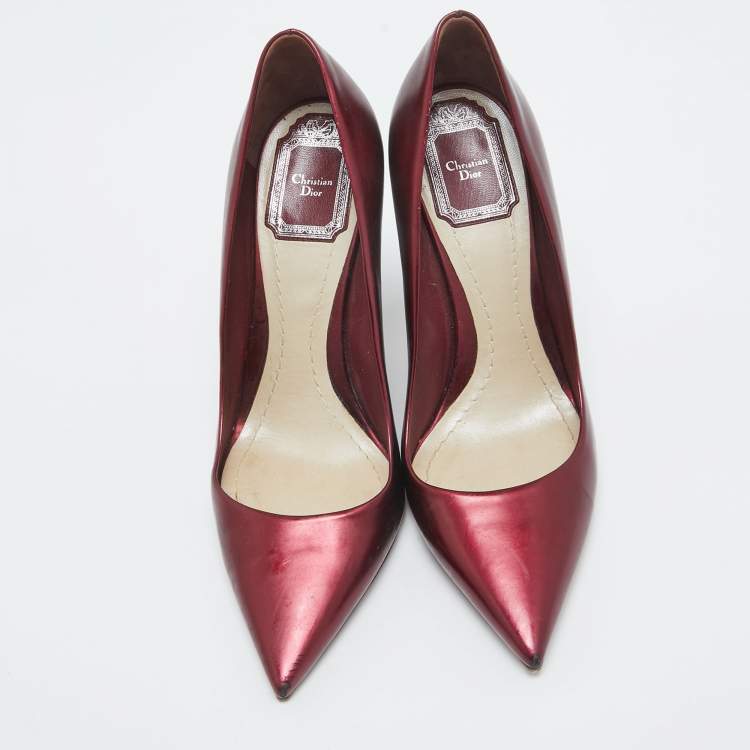 Pre Owned Dior Metallic Burgundy Leather Wedge Pumps Size 36.5
