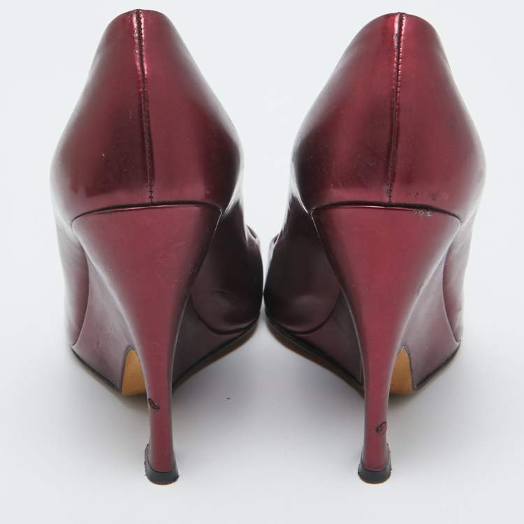 Pre Owned Dior Metallic Burgundy Leather Wedge Pumps Size 36.5