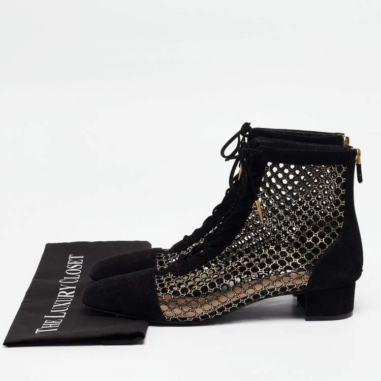 Pre Owned Dior Black/Gold Suede and Mesh Naughtily-D Ankle Boots Size 42