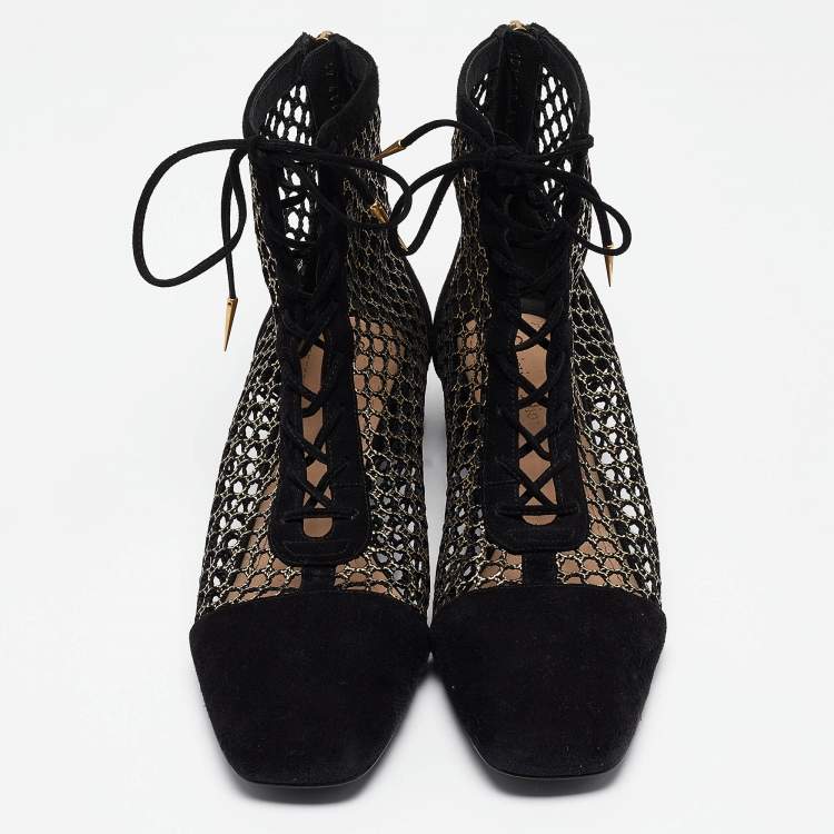 Pre Owned Dior Black/Gold Suede and Mesh Naughtily-D Ankle Boots Size 42