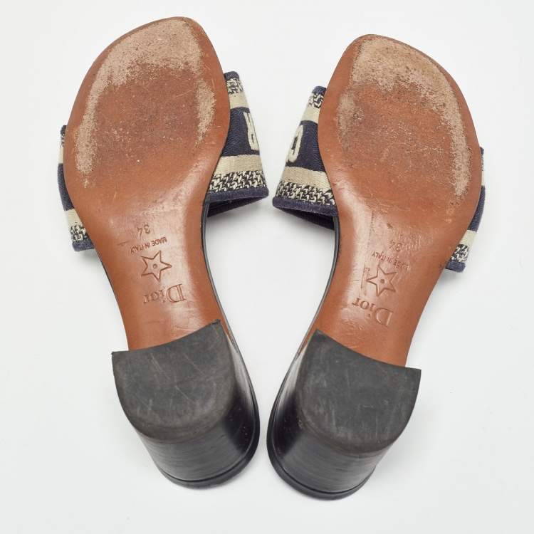 Pre Owned Dior Beige/Blue Canvas Dway Open Toe Slide Sandals Size 34