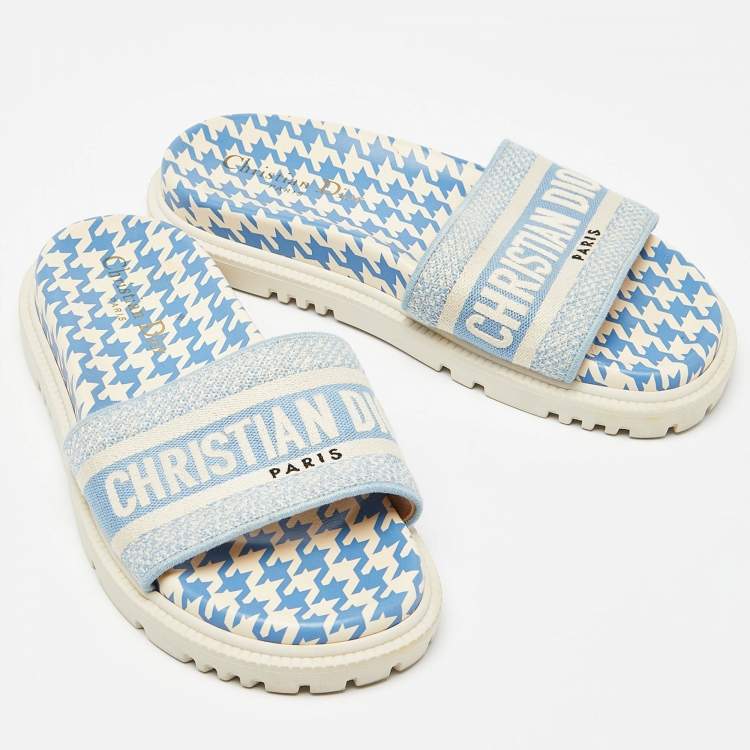 Pre Owned Dior Blue/White Canvas Dway Flat Slides Size 36