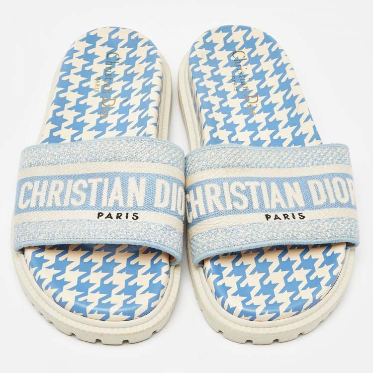 Pre Owned Dior Blue/White Canvas Dway Flat Slides Size 36