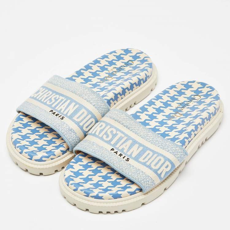 Pre Owned Dior Blue/White Canvas Dway Flat Slides Size 36