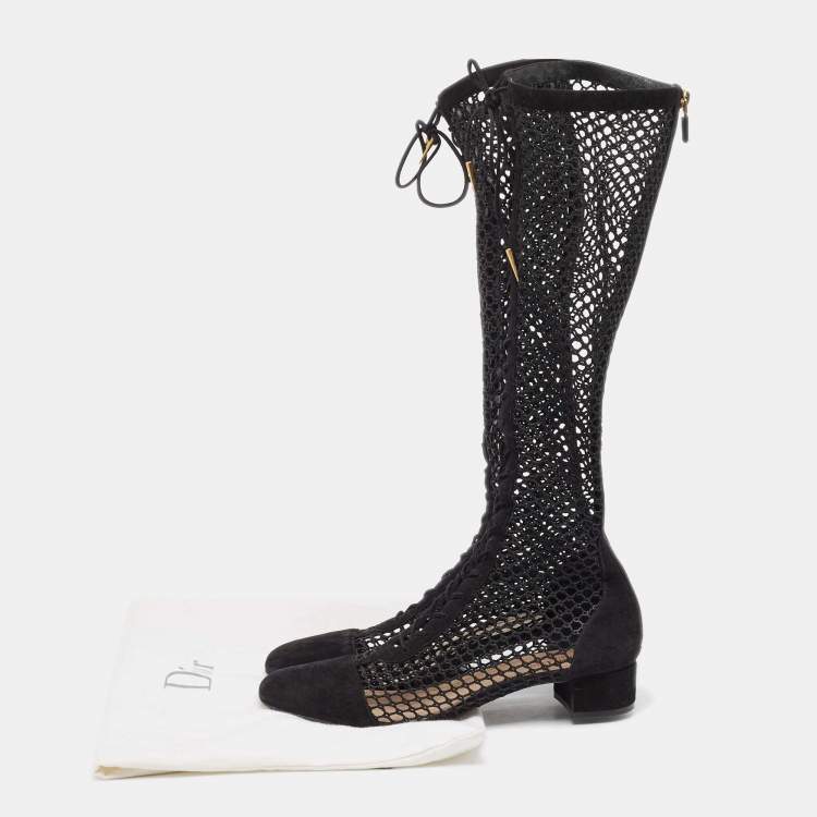 مملوكة مسبقًا Dior Black Suede and Fishnet Naughtily-D Knee Length Boots Size 42