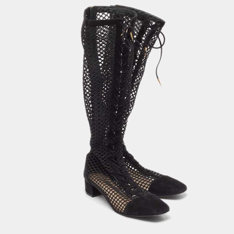 مملوكة مسبقًا Dior Black Suede and Fishnet Naughtily-D Knee Length Boots Size 42