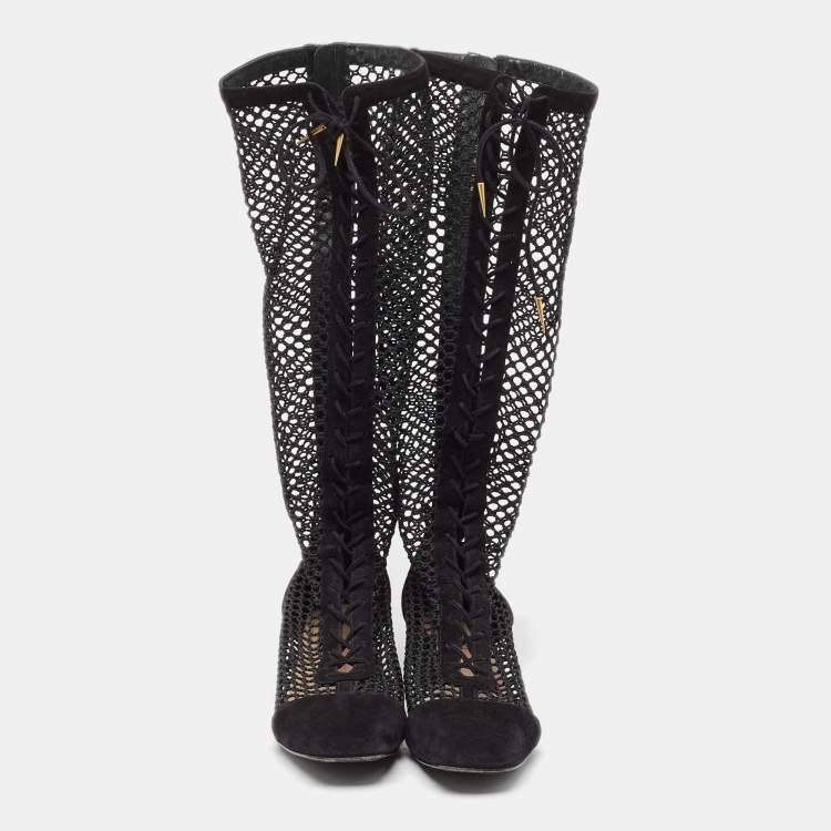 مملوكة مسبقًا Dior Black Suede and Fishnet Naughtily-D Knee Length Boots Size 42