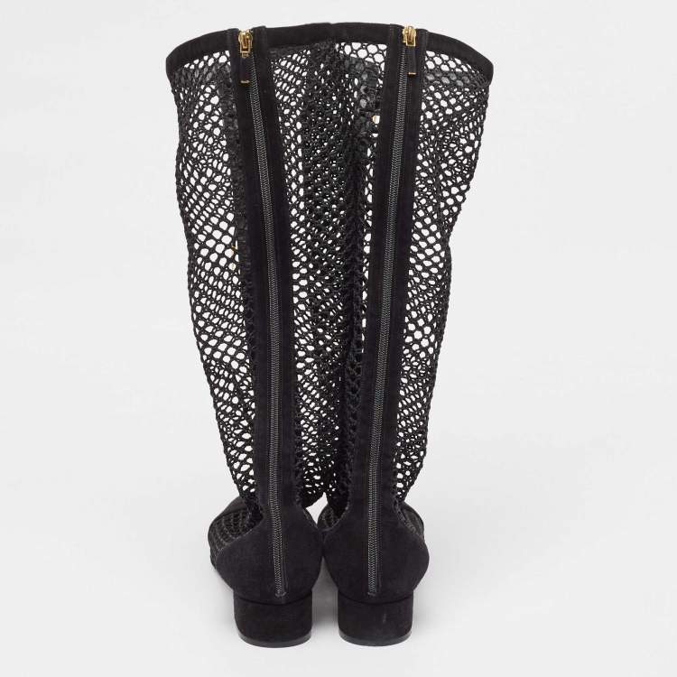 مملوكة مسبقًا Dior Black Suede and Fishnet Naughtily-D Knee Length Boots Size 42