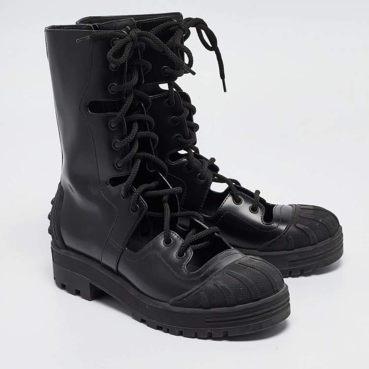 Pre Owned Dior Black Leather Cut Out Ankle Boots Size 38.5
