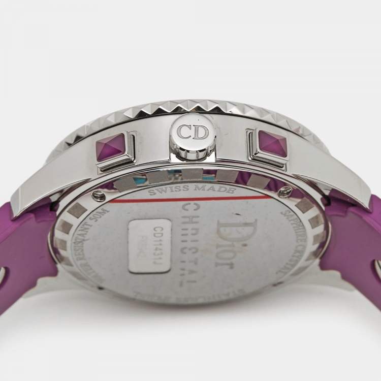 Pre Owned Dior Purple Stainless Steel Diamond Rubber Christal CD11431JR001 Women's Wristwatch 39 mm