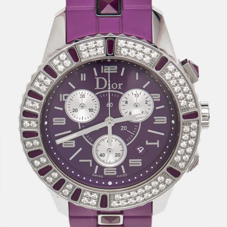 Pre Owned Dior Purple Stainless Steel Diamond Rubber Christal CD11431JR001 Women's Wristwatch 39 mm