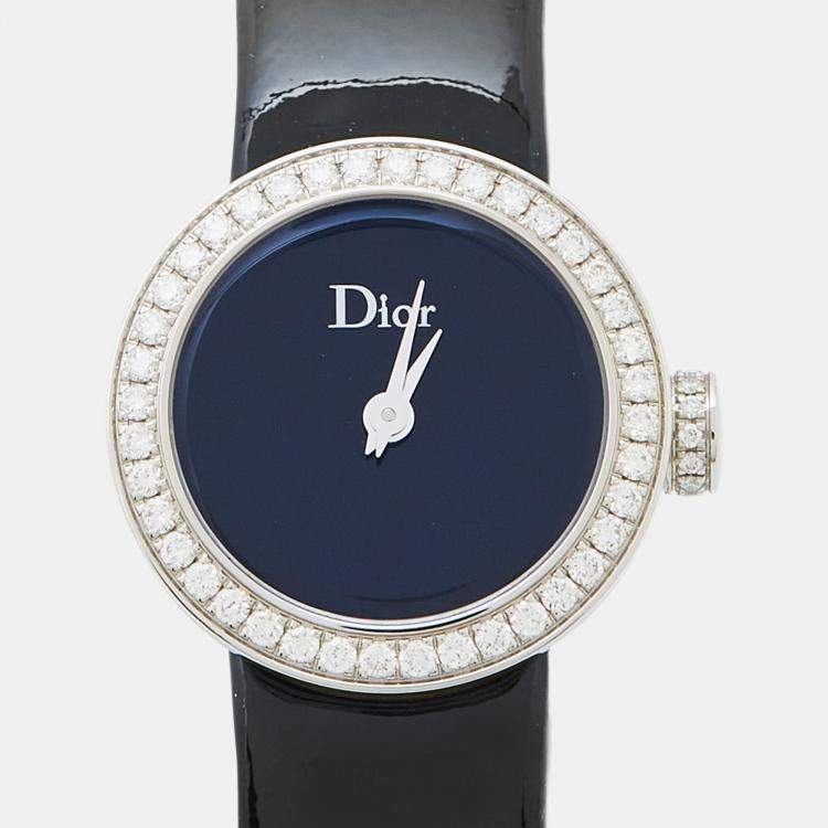 Pre Owned Dior Black Stainless Steel Diamond Patent Leather La D De Dior CD040110-J Women's Wristwatch 19 mm