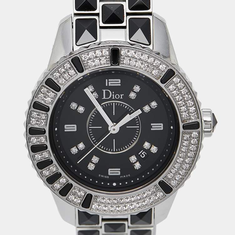 Pre Owned Dior Black Diamond Paved Stainless Steel Christal CD11311BM001 Women's Wristwatch 33 mm