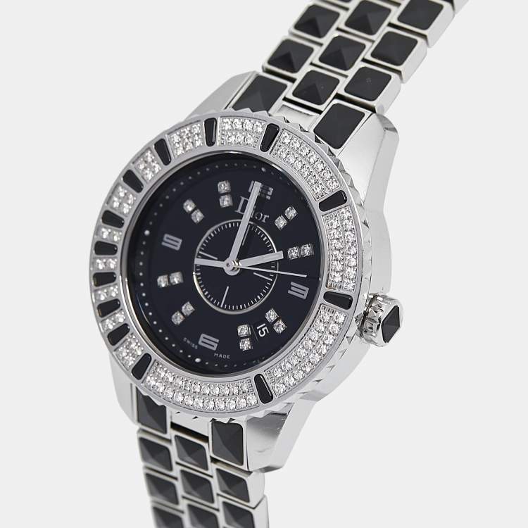 Pre Owned Dior Black Diamond Paved Stainless Steel Christal CD11311BM001 Women's Wristwatch 33 mm