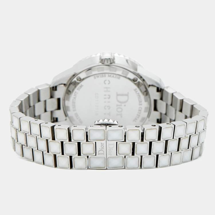 Pre Owned Dior White Stainless Steel Diamonds Christal CD113118M001 Women's Wristwatch 33 mm