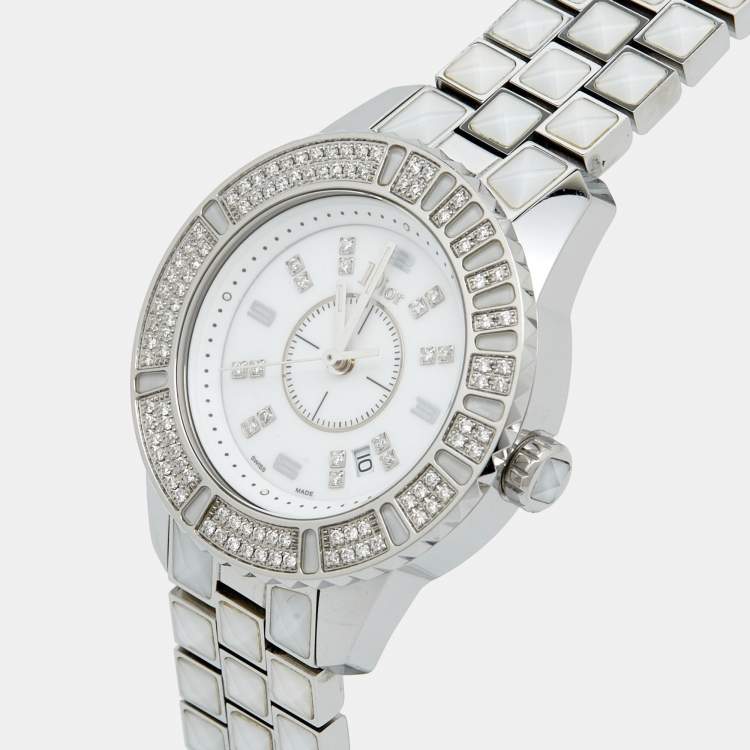 Pre Owned Dior White Stainless Steel Diamonds Christal CD113118M001 Women's Wristwatch 33 mm