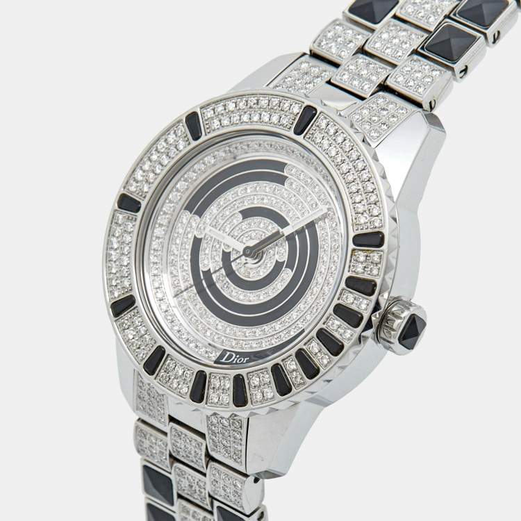 Pre Owned Dior Black Diamond Paved Stainless Steel Christal CD11311BM001 Women's Wristwatch 33 mm
