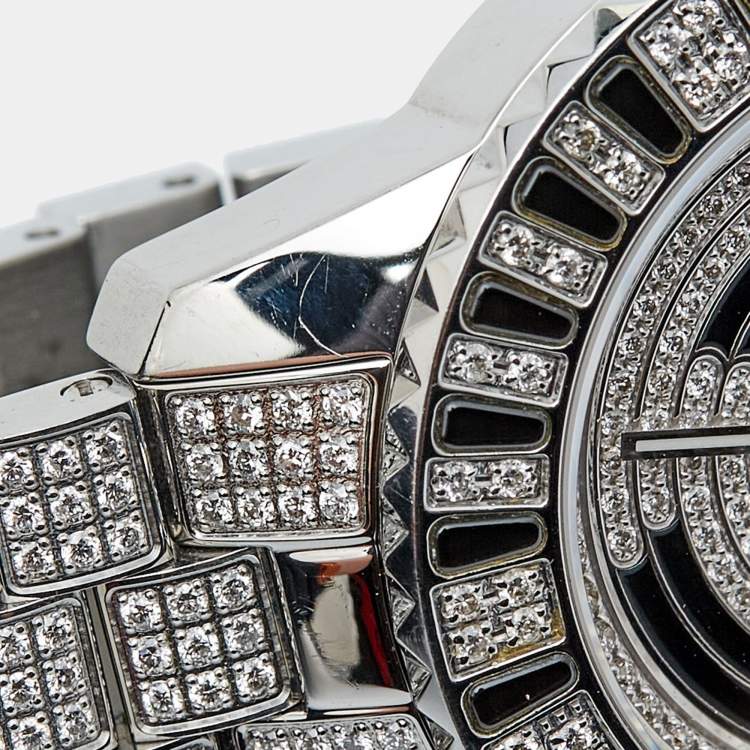 Pre Owned Dior Black Diamond Paved Stainless Steel Christal CD11311BM001 Women's Wristwatch 33 mm