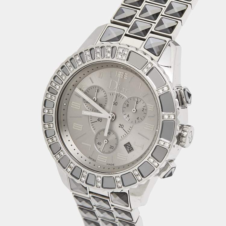 Pre Owned Dior Grey Stainless Steel DIamond Christal CD114313M002 Women's Wristwatch 38 mm