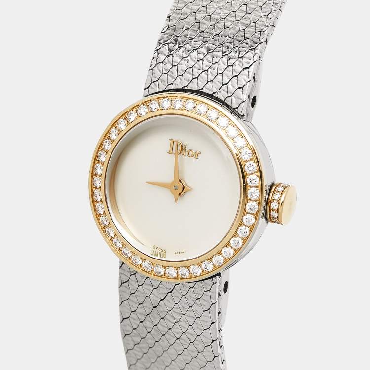 Pre Owned Dior Mother Of Pearl Diamond 18K Yellow Gold Stainless Steel La Mini D Dior Satine CD040120M003 Women's Wristwatch 19 mm