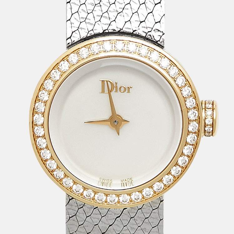 Pre Owned Dior Mother Of Pearl Diamond 18K Yellow Gold Stainless Steel La Mini D Dior Satine CD040120M003 Women's Wristwatch 19 mm