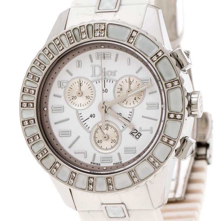 Pre Owned Dior White Stainless Steel Christal CD114311 Women's Wristwatch 38 mm