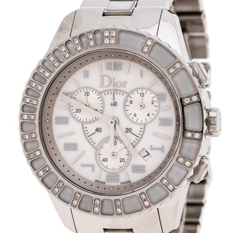 Pre Owned Dior White Stainless Steel Diamonds Christal CD114311 Women's Wristwatch 38 mm