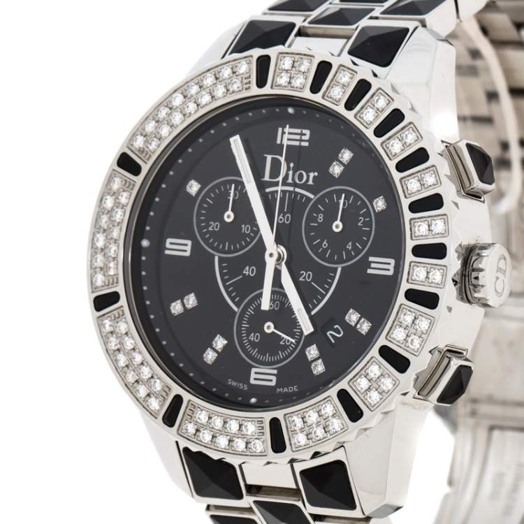 Pre Owned Dior Black Stainless Steel Diamonds Christal CD11431C-V Women's Wristwatch 38 mm