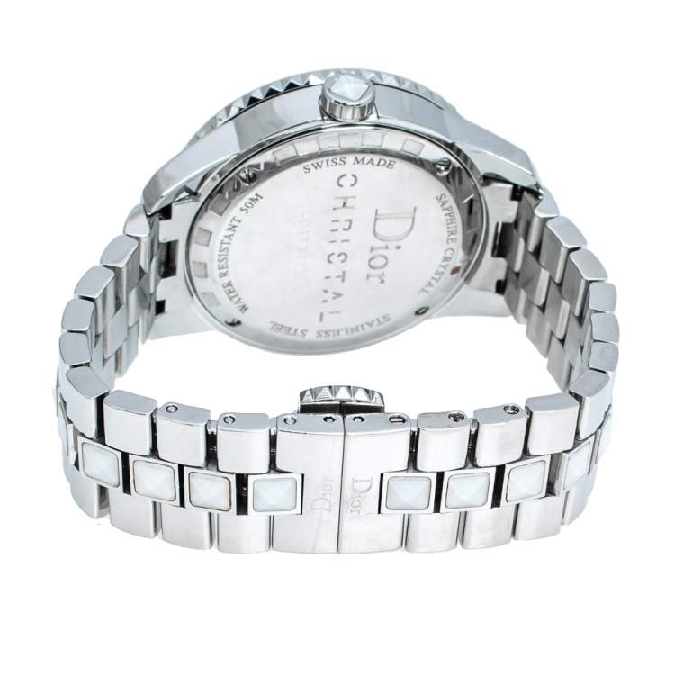 Pre Owned Dior White Stainless Steel Diamonds Christal CD113112-V Women's Wristwatch 33 mm