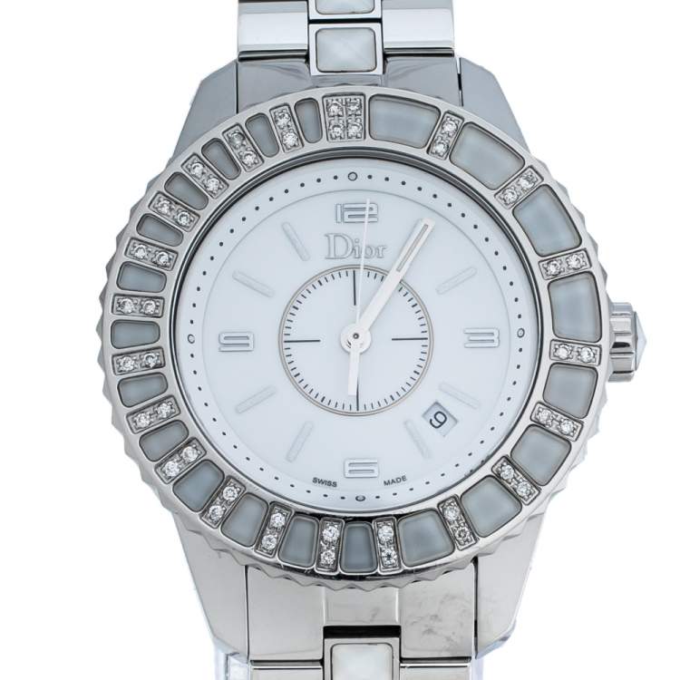 Pre Owned Dior White Stainless Steel Diamonds Christal CD113112-V Women's Wristwatch 33 mm