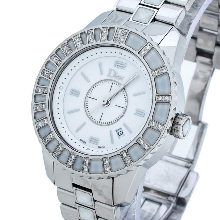 Pre Owned Dior White Stainless Steel Diamonds Christal CD113112-V Women's Wristwatch 33 mm