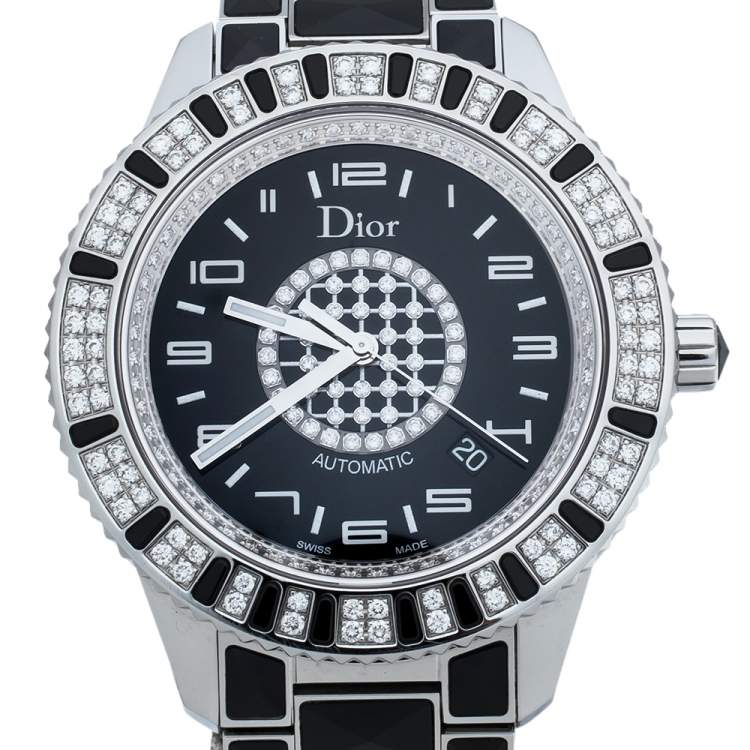 Pre Owned Dior Black Stainless Steel Diamond Christal CD115511 Women's Wristwatch 42 mm