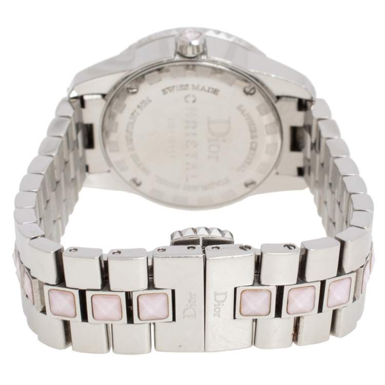 Pre Owned Dior Mother Of Pearl Stainless Steel Diamond Christal CD112111M001 Women's Wristwatch 28 mm