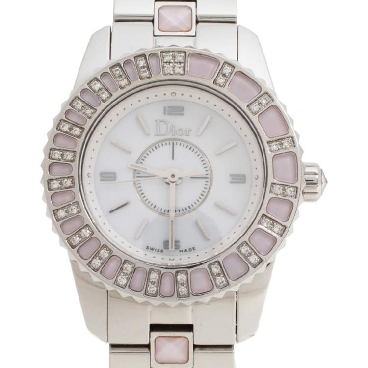 Pre Owned Dior Mother Of Pearl Stainless Steel Diamond Christal CD112111M001 Women's Wristwatch 28 mm