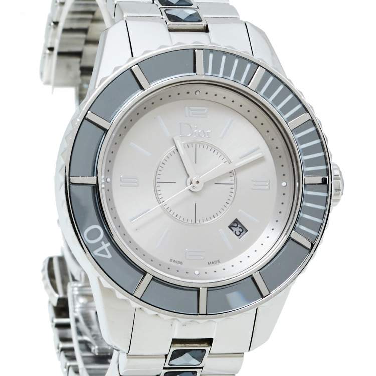 Pre Owned Dior Grey Stainless Steel Christal CD113116 Women's Wristwatch 33MM