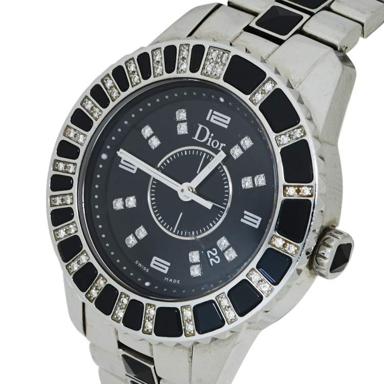 Pre Owned Dior Black Diamonds Stainless Steel Christal CD113115M001 Quartz Women's Wristwatch 34 MM