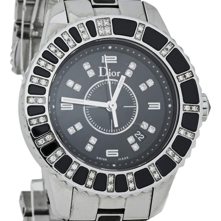 Pre Owned Dior Black Diamonds Stainless Steel Christal CD113115M001 Quartz Women's Wristwatch 34 MM