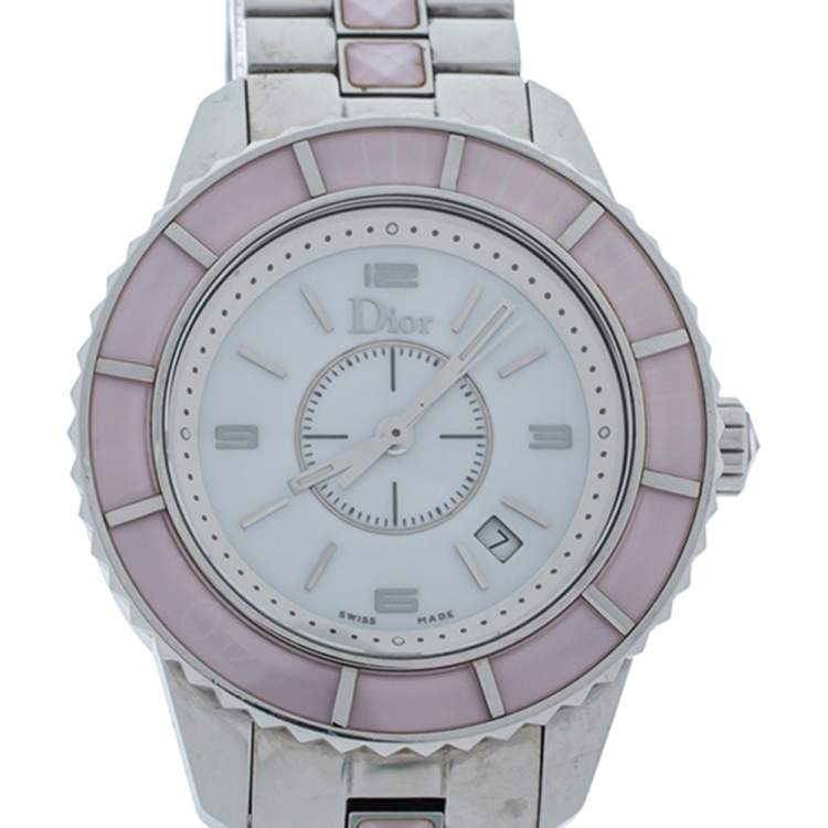 Pre Owned Dior Mother of Pearl Stainless Steel Christal CD113114 Women's Wristwatch 34 mm