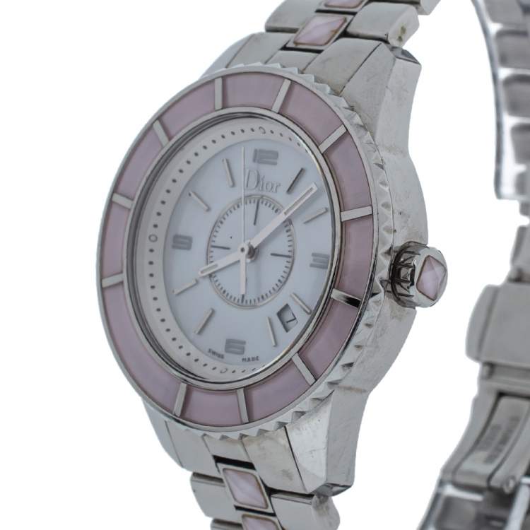 Pre Owned Dior Mother of Pearl Stainless Steel Christal CD113114 Women's Wristwatch 34 mm