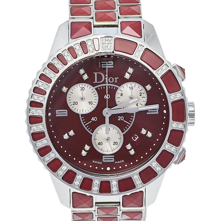 Pre Owned Dior Red Crystals & Stainless Steel Diamond Christal CD11431G-V Women's Wristwatch 38 mm