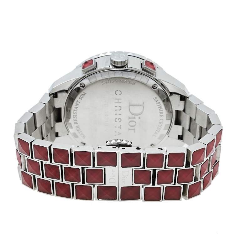 Pre Owned Dior Red Crystals & Stainless Steel Diamond Christal CD11431G-V Women's Wristwatch 38 mm