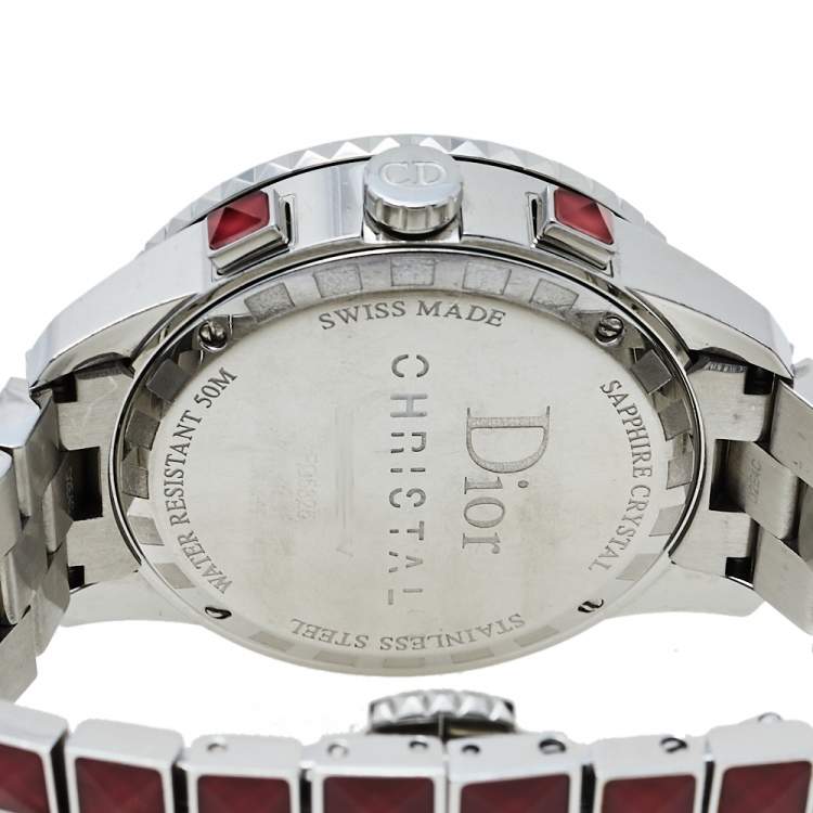 Pre Owned Dior Red Crystals & Stainless Steel Diamond Christal CD11431G-V Women's Wristwatch 38 mm