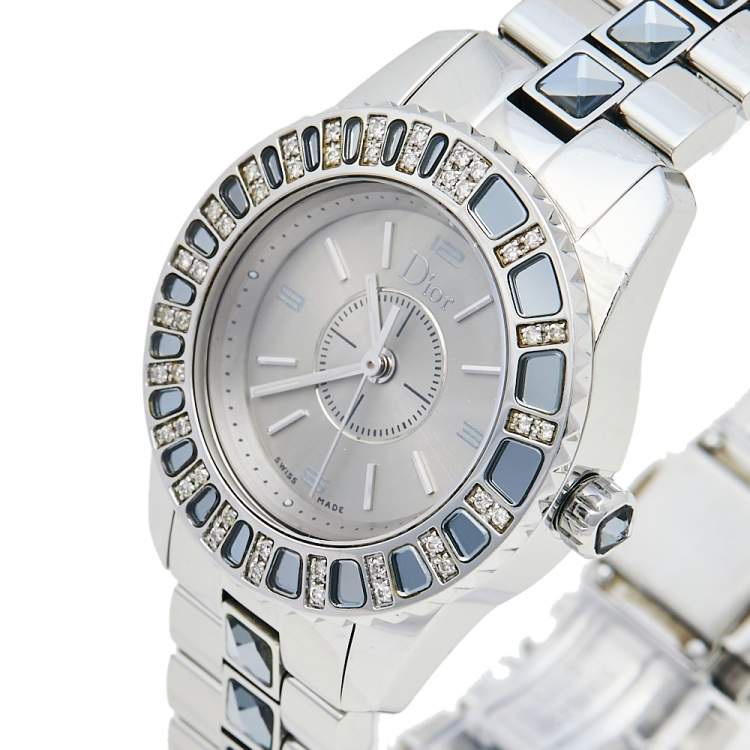 Pre Owned Dior Grey Stainless Steel Diamonds Christal CD112115M001 Women's Wristwatch 29 mm