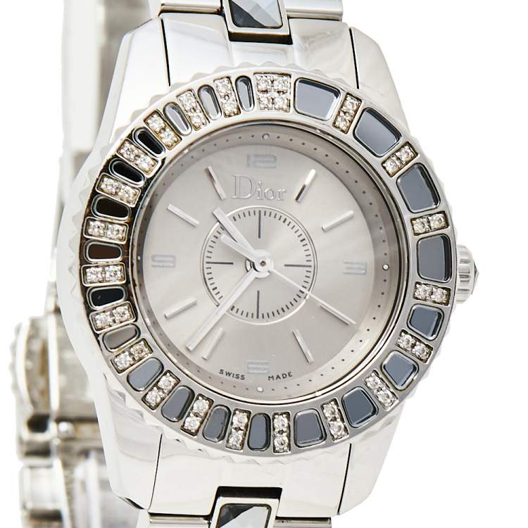 Pre Owned Dior Grey Stainless Steel Diamonds Christal CD112115M001 Women's Wristwatch 29 mm