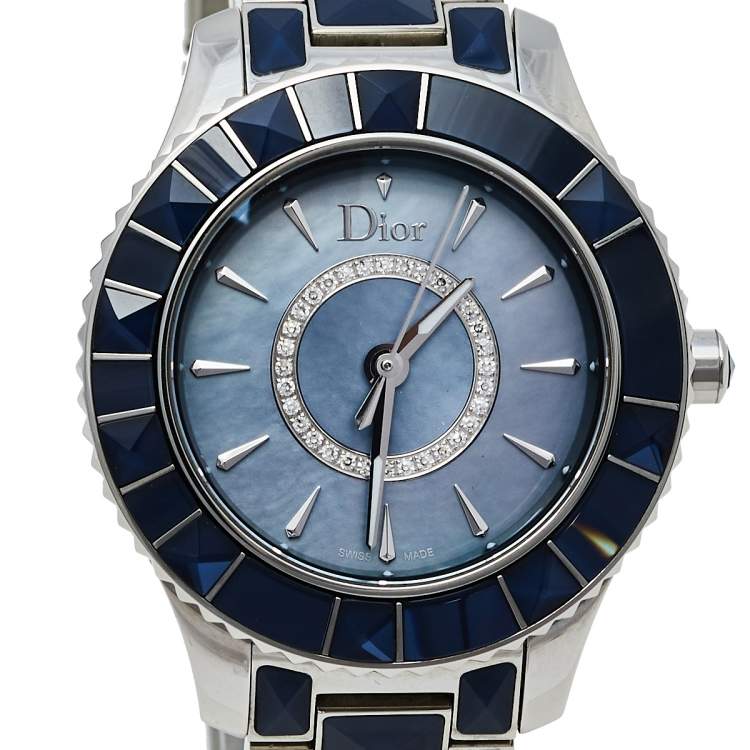 Pre Owned Dior Blue Mother Of Pearl Stainless Steel Christal CD143117 Women's Wristwatch 33 mm