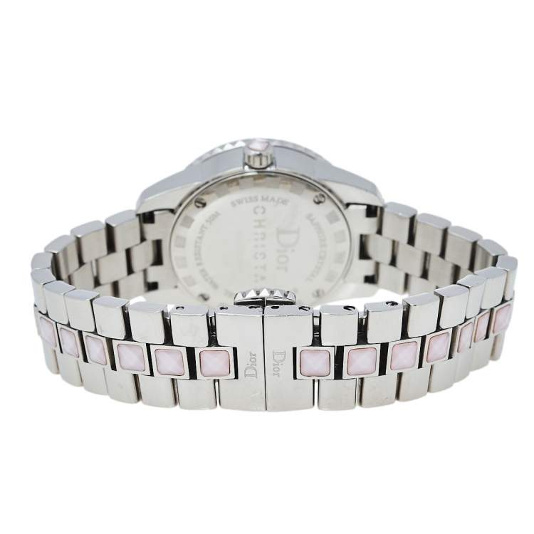 Pre Owned Dior Mother of Pearl Stainless Steel Diamonds Christal CD112111M001 Women's Wristwatch 28 mm