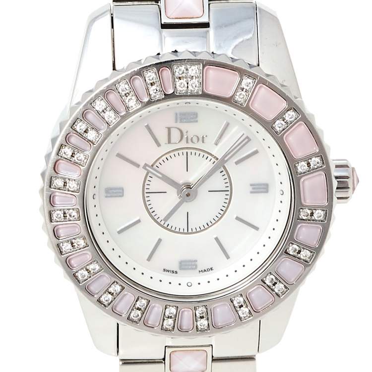 Pre Owned Dior Mother of Pearl Stainless Steel Diamonds Christal CD112111M001 Women's Wristwatch 28 mm